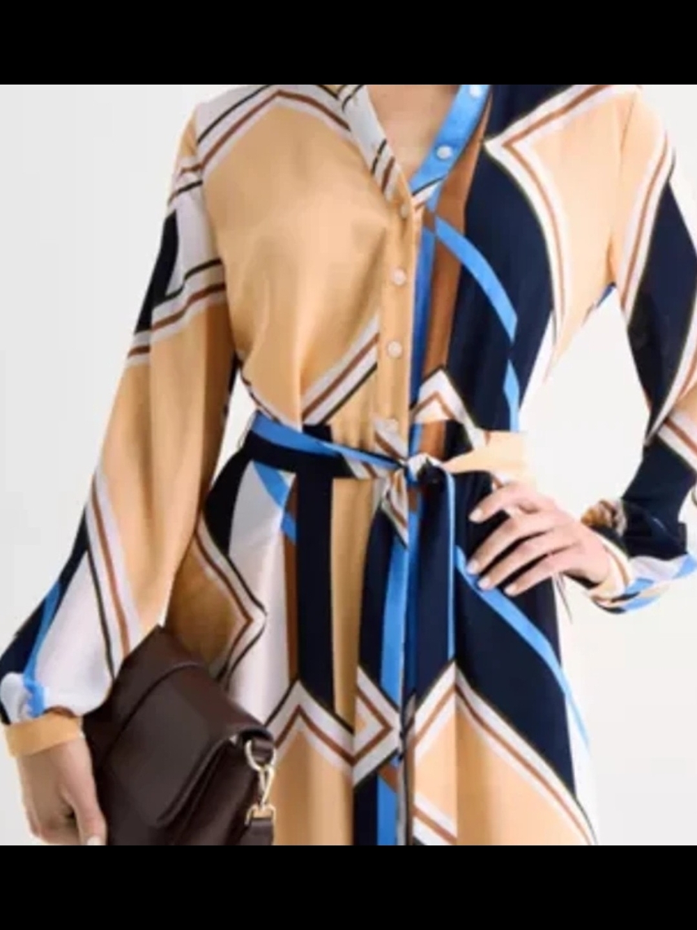 Worthington Geometric Long-Sleeve Shirt Dress in Camel, Navy & Blue